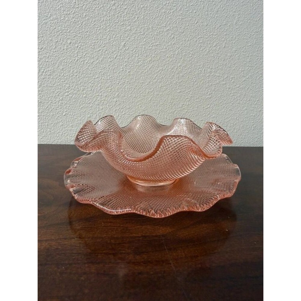 Vintage Pink Depression Glass Ruffled Bowl & Platter Set | Textured Glass